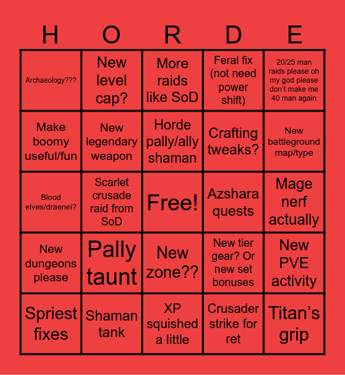 WoW Classic+ Prediction List Bingo Card