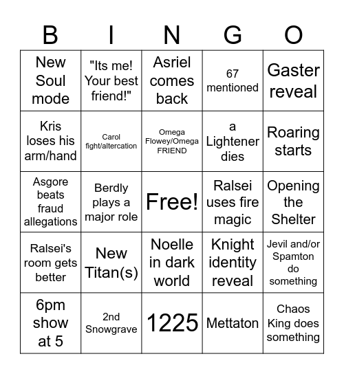 Deltarune ch5 Bingo Card
