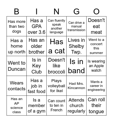 Classmate Bingo Card