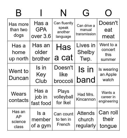 Classmate Bingo Card