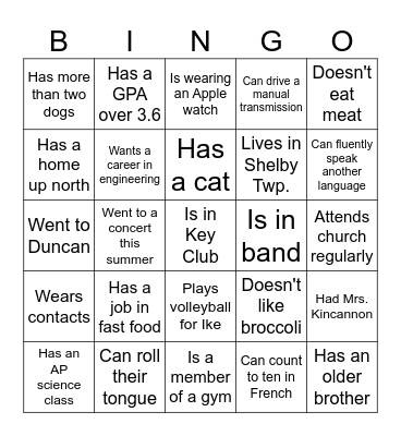 Classmate Bingo Card