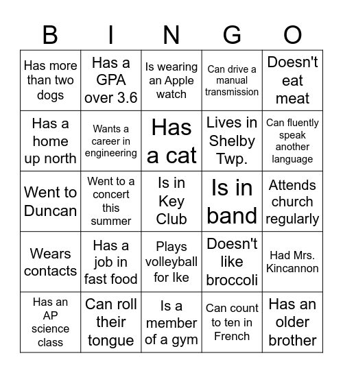 Classmate Bingo Card