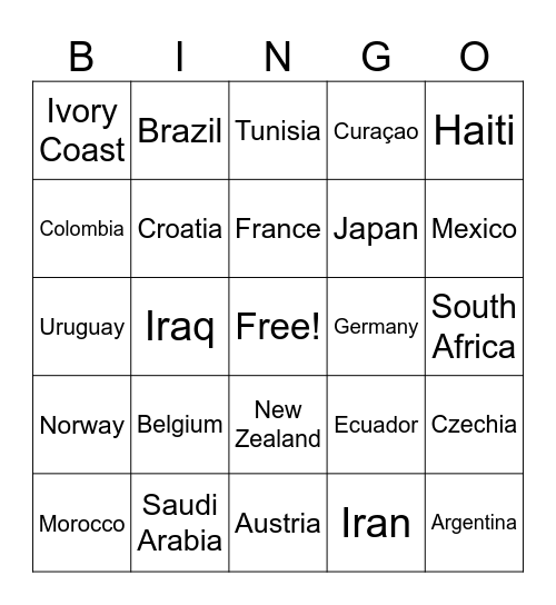World Cup Bingo Card