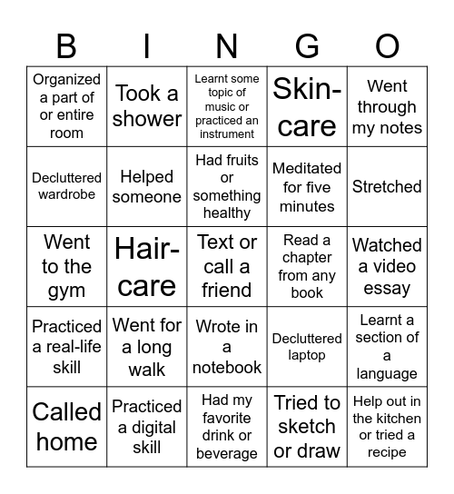 Mental Health Bingo Card