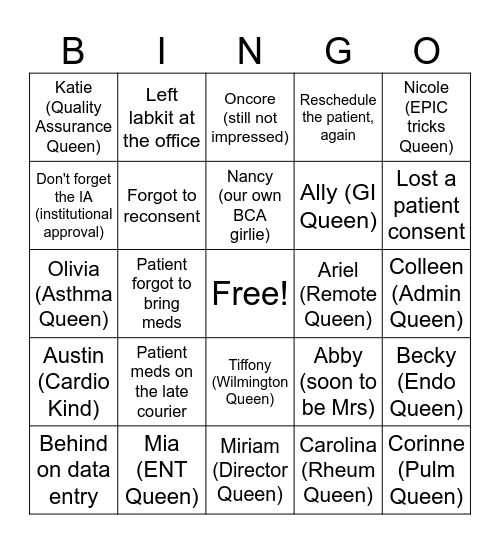 The Life of Peds CRU Team Bingo Card