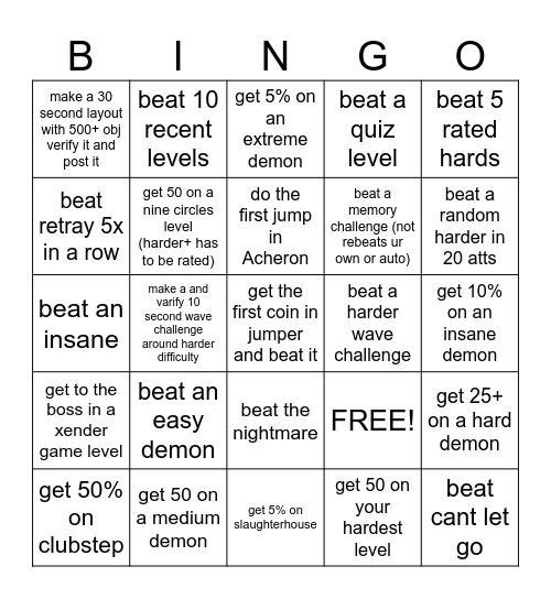 geometry dash bingo Card