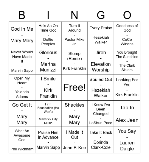 Holy Ghost Shuffle Bingo Card