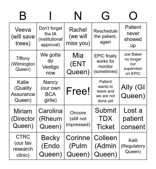 The Life of Peds CRU Team Bingo Card