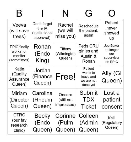 The Life of Peds CRU Team Bingo Card