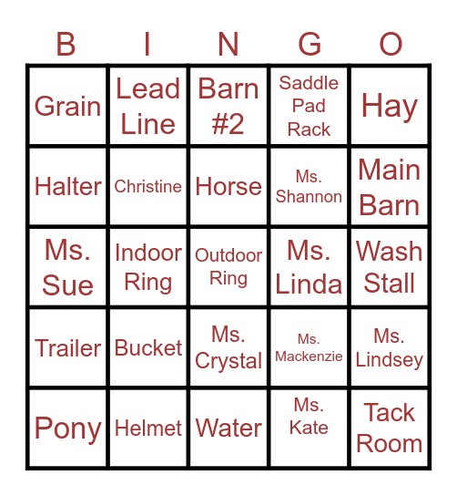 Foxtale Farm Camp Bingo Card