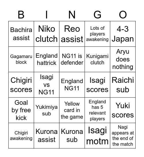 Japan v England Bingo Card