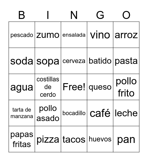 Comida y bebida Bingo Card