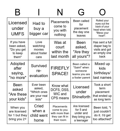 Foster Parent BINGO Card