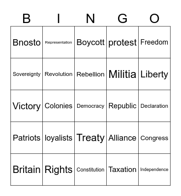 American revolution lists Bingo Card