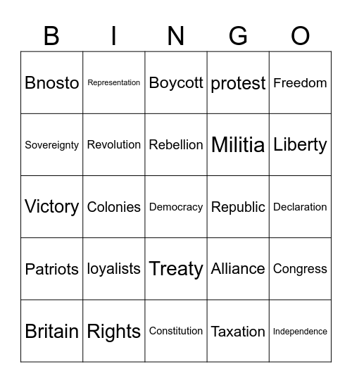 American revolution lists Bingo Card