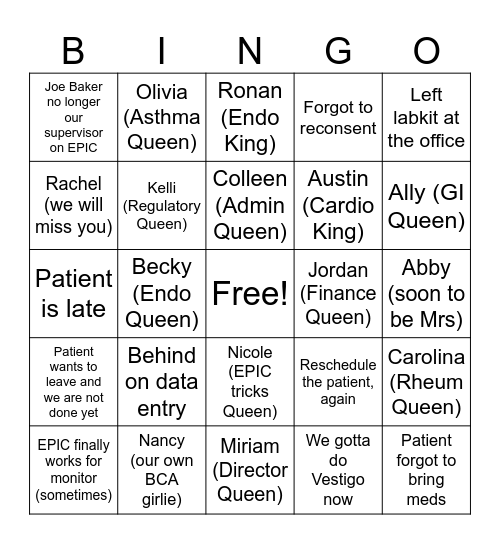 The Life of Peds CRU Team Bingo Card