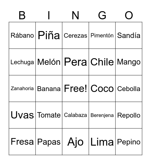 Frutas y verduras Bingo Card