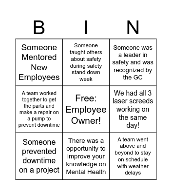 Employee Owner Bingo Card