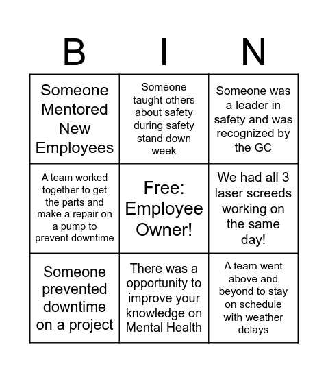 Employee Owner Bingo Card
