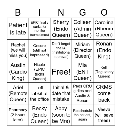The Life of Peds CRU Team Bingo Card