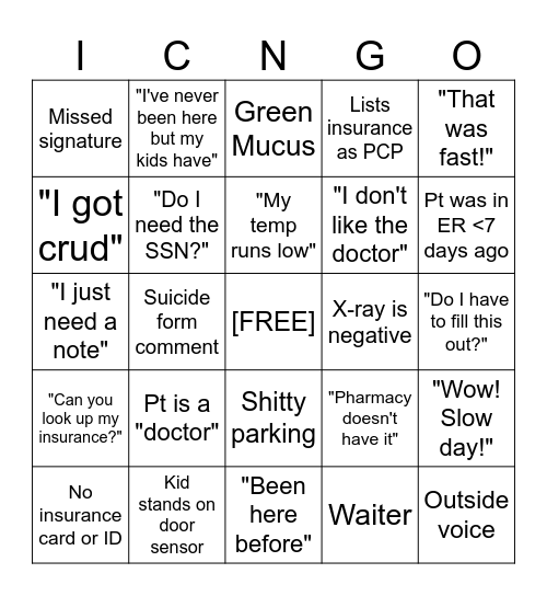 Immediate Care Bingo! Bingo Card