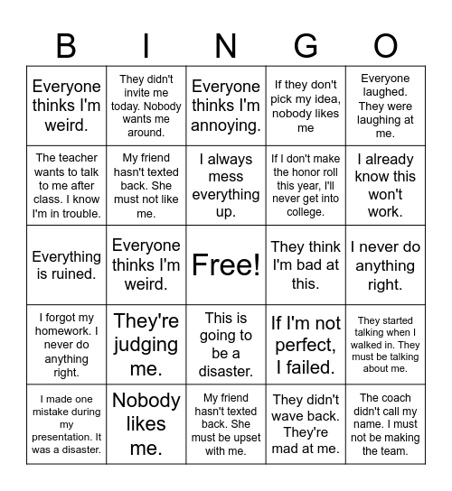 Thinking Trap Bingo Card