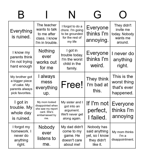Thinking Trap Bingo Card