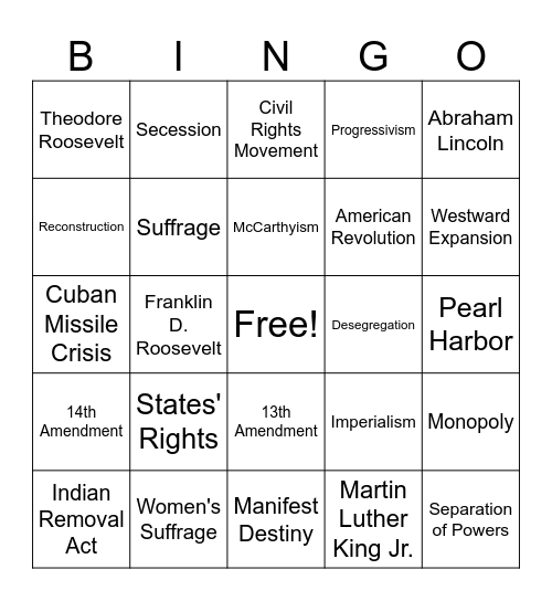 U.S. Regents Review Bingo Card