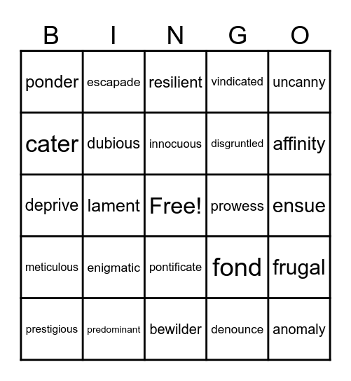 Vocabulary Extravaganza! Bingo Card