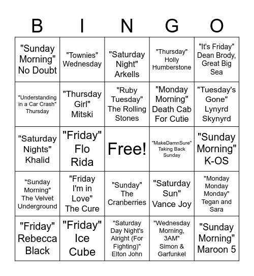 Days of the Week Bingo Card