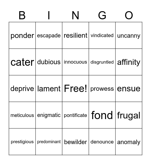 Vocabulary Extravaganza! Bingo Card