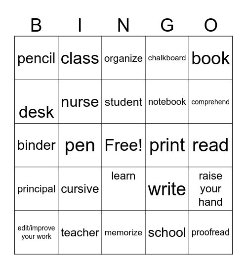 ESL Gilchrist School Work Bingo Card