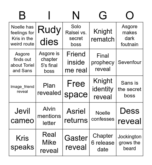 Deltarune Chapter 5 Bingo Card