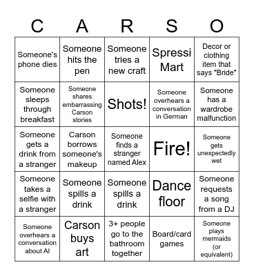 Carson's Bridal Bingo Card