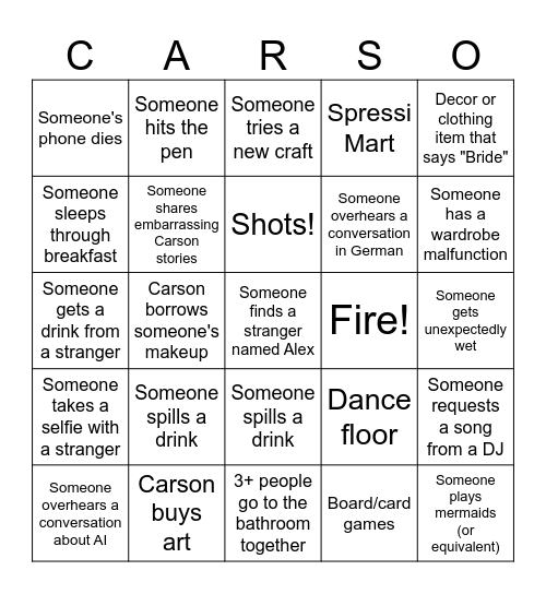 Carson's Bridal Bingo Card