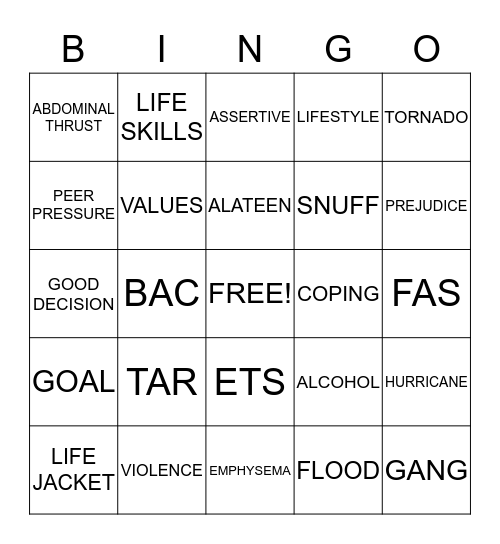 HEALTH Bingo Card