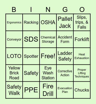 Safety Bingo Card