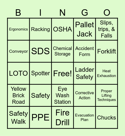 Safety Bingo Card