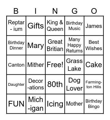Nana's 80th Birthday Bingo Card