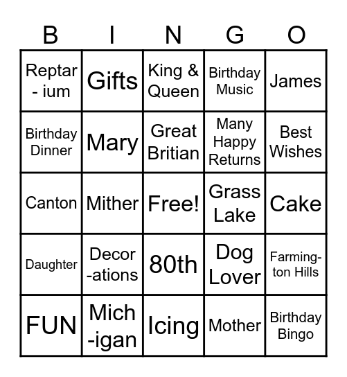 Nana's 80th Birthday Bingo Card