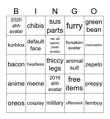 roblox avatar bingo Card
