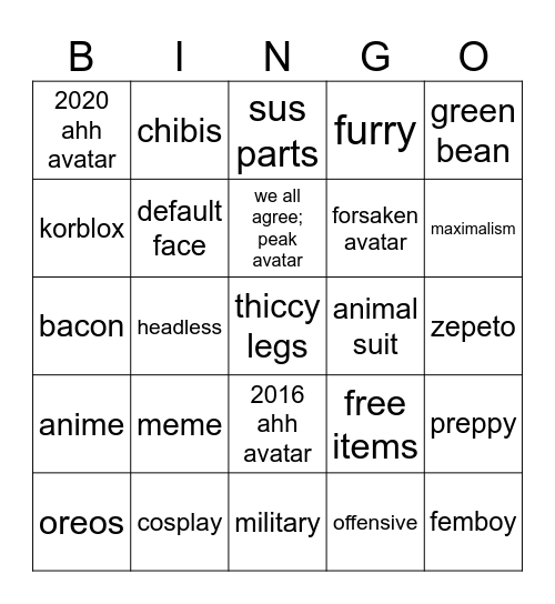 roblox avatar bingo Card