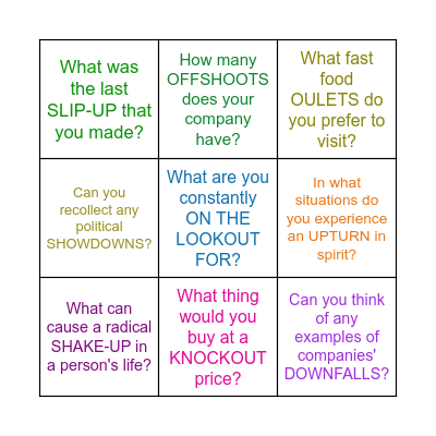 Phrasal nouns, New Headway, Adv, U6 Bingo Card