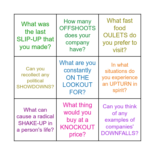 Phrasal nouns, New Headway, Adv, U6 Bingo Card