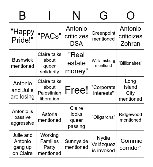 Claire Valdez for Congress Debate Watch Party! Bingo Card