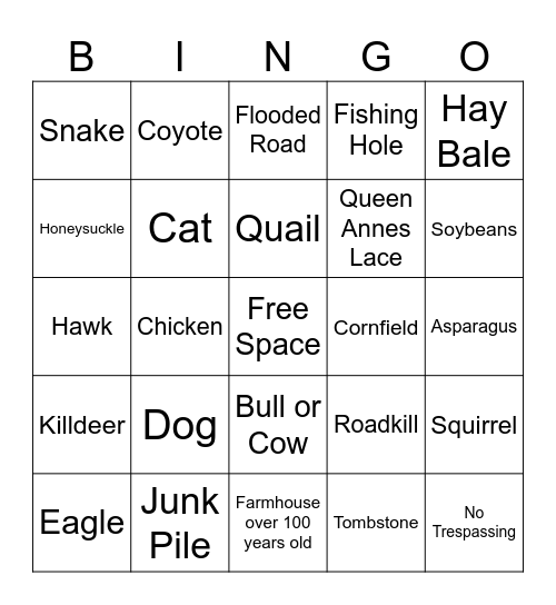 Road Trip Bingo Card