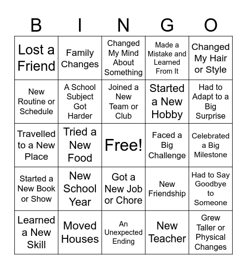 Transition Bingo Card