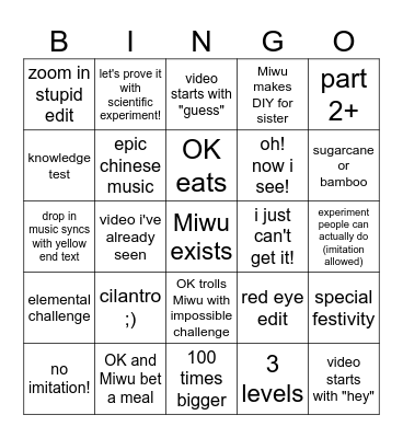 Miwu Science Bingo Card