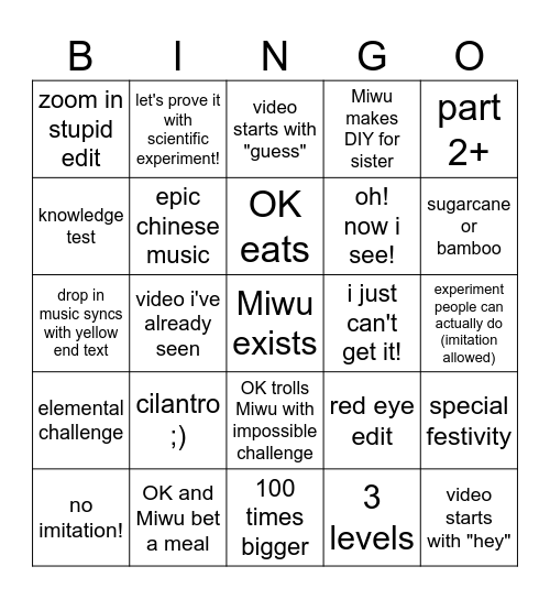Miwu Science Bingo Card