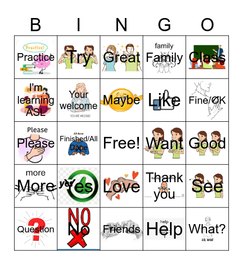 Beginners Conversation ASL Signs Bingo Card